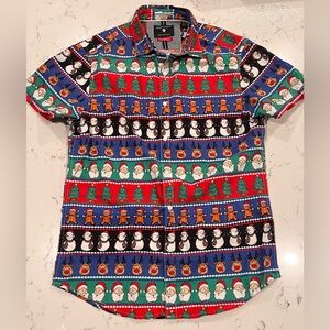 Denim & Flower Shirt  Multicolor Christmas Santa Claus Dad Casual Men’s Sz Small